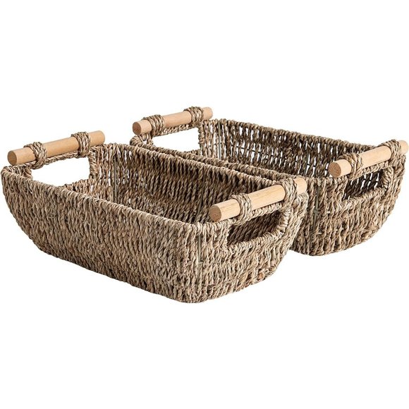 2-Pack Small Wicker Handwoven Seagrass Rattan Baskets with Wooden Handles - Picture 1 of 8